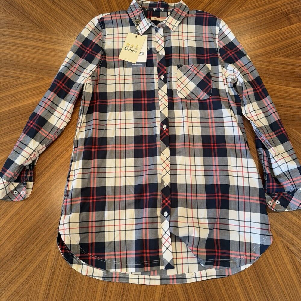 NWT Barbour Coastal Collection Women's Sandbank Shirt Size 6 Navy White Tunic